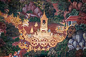 Bangkok Grand Palace, Ramakien murals of the gallery of the Wat Phra Kaew,  Tosakan, Noong Montho and Naang Kol-okee are sitting on the glass polonquin. This palanquin, besides being very beautiful, could also fly and divine the truth. 